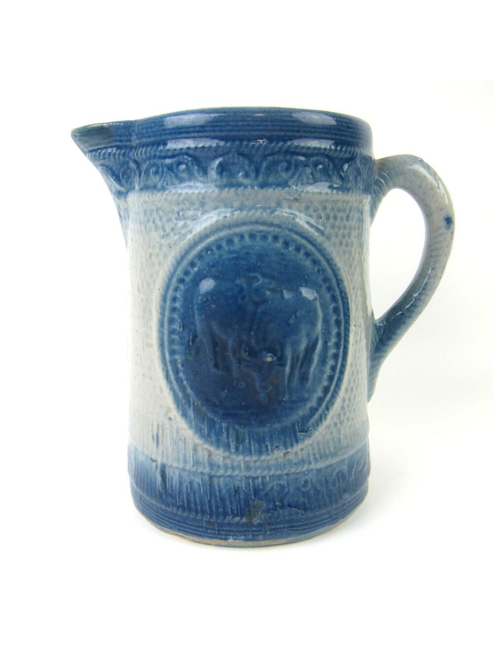 Antique Blue & White Salt Glaze Stoneware Milk Pitcher Cows Hull Pottery Ohio